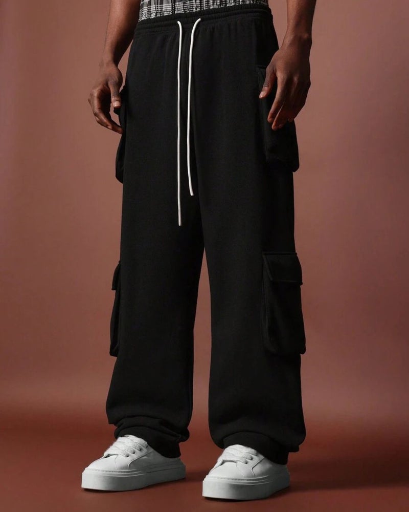 FLYNOFF Multi Pocket Black Solid Loose Fit Cargo - Image 1